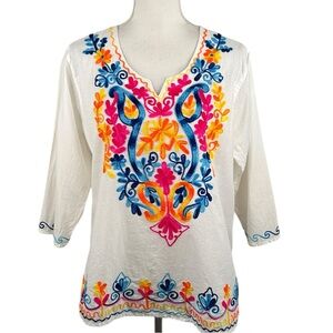 Naisha Ethic Mexican Spanish Floral Embroidered  Short Sleeve Flowy Top Size L